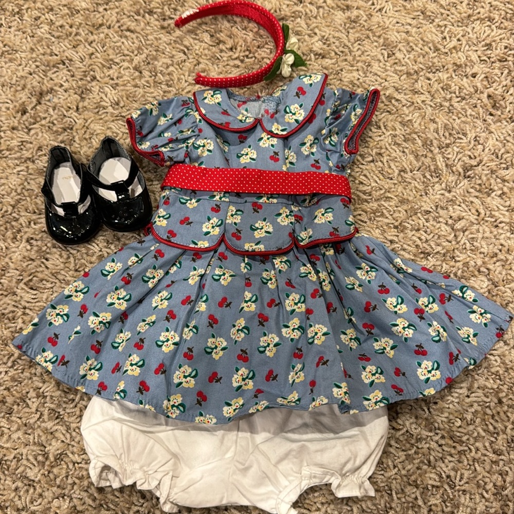 Retired American Girl Emily meet Cherry Dress black shoes and bloomers